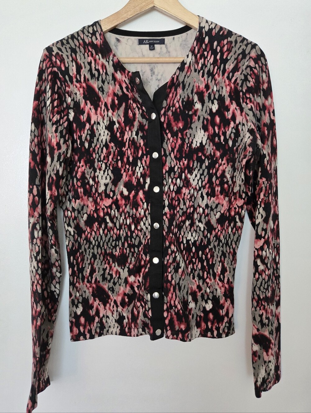 Anne Klein Silk Cotton Blend Cardigan Sweater Pink Snake Size M